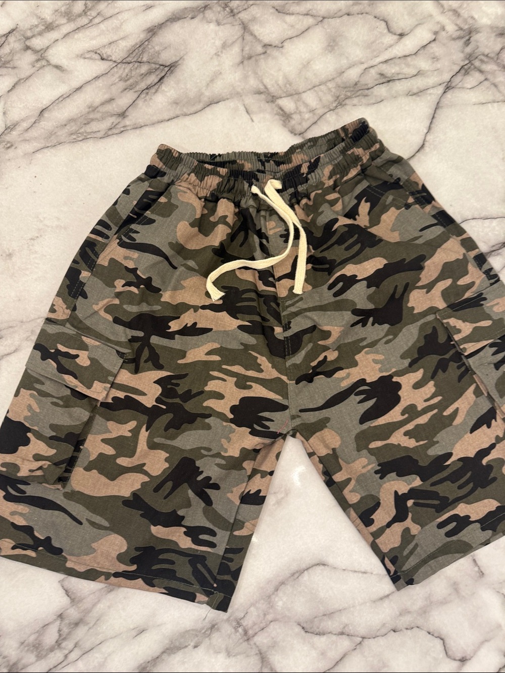 Camo Cotton Drawstring Cargo Shorts - Green/Tan/Black